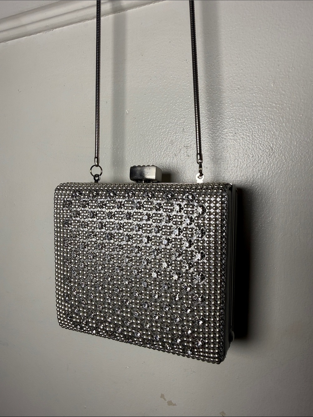 Whiting and Davis Crystal-Embellished Silver Evening Clutch